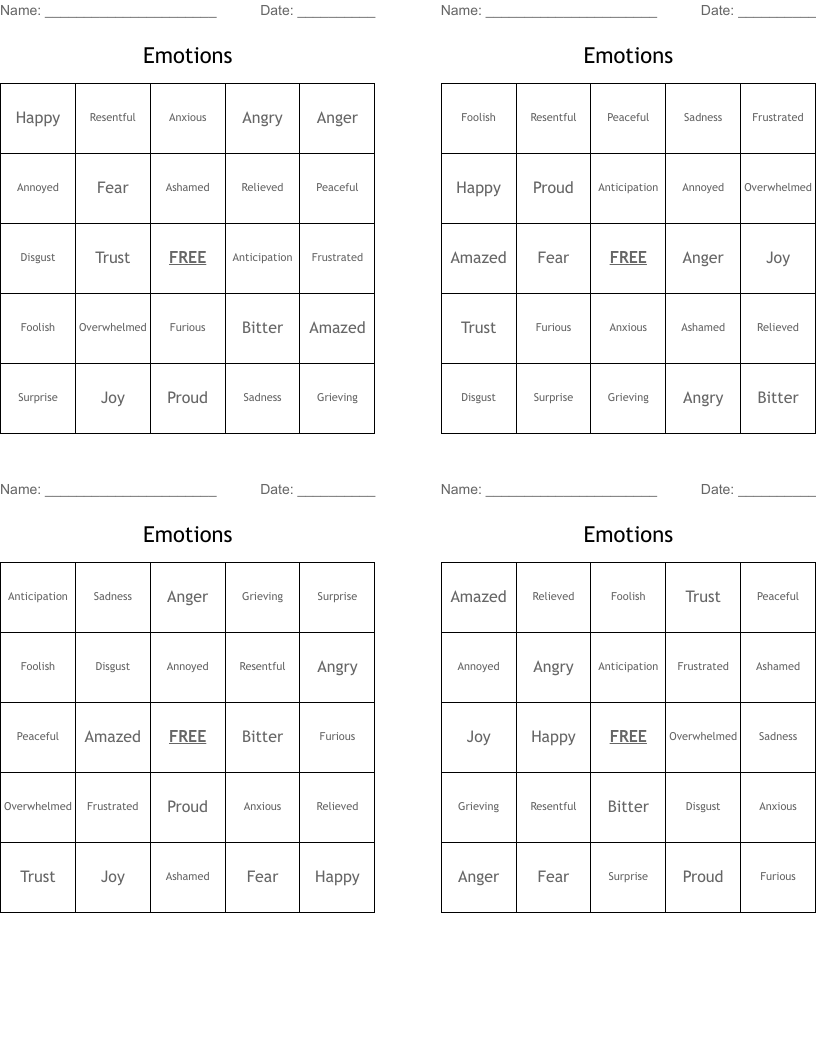 Emotions Bingo Cards