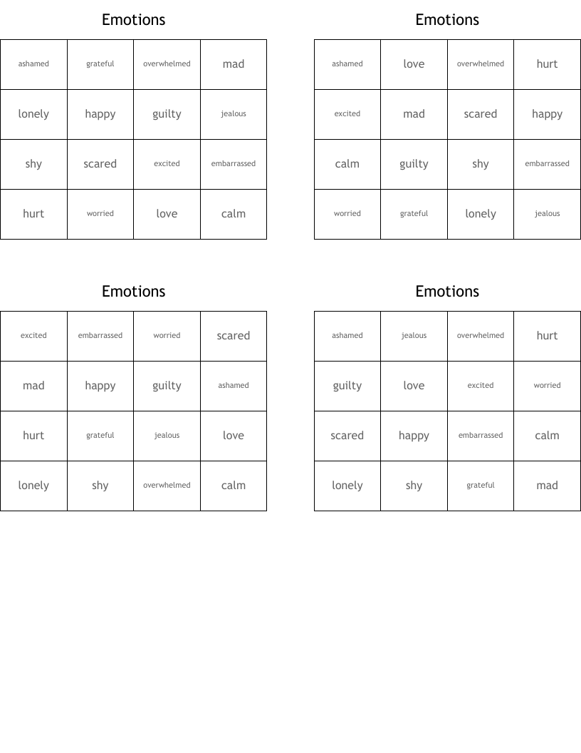 Emotions Bingo Cards