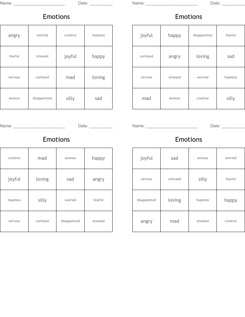 Emotions Bingo Cards