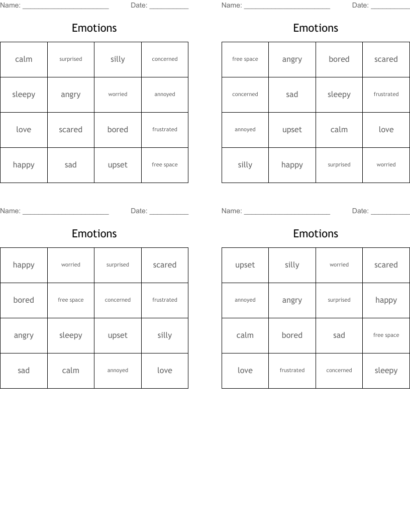 Emotions Bingo Cards
