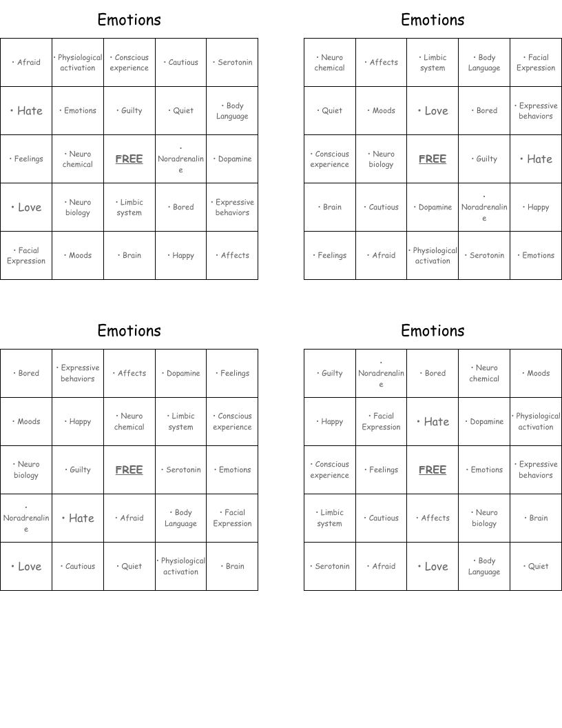 Emotions Bingo Cards