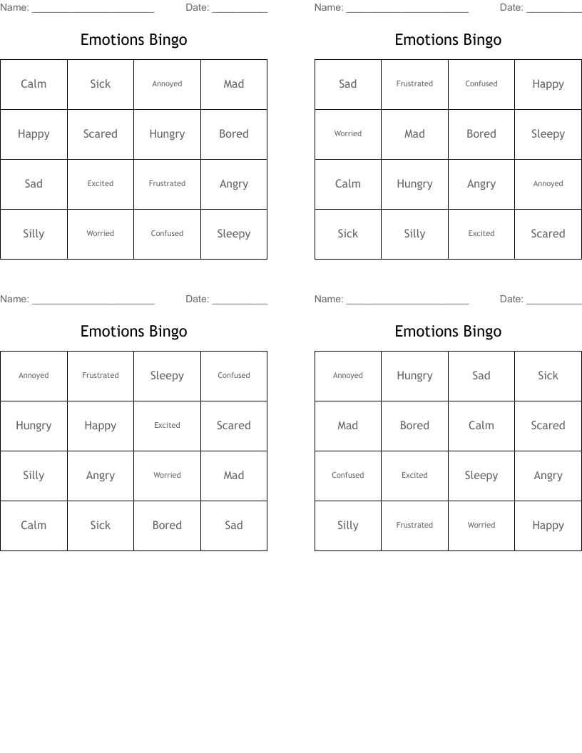 Emotions Bingo