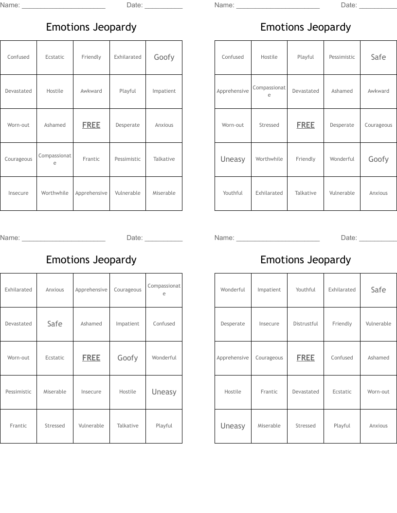 Emotions Jeopardy Bingo Cards