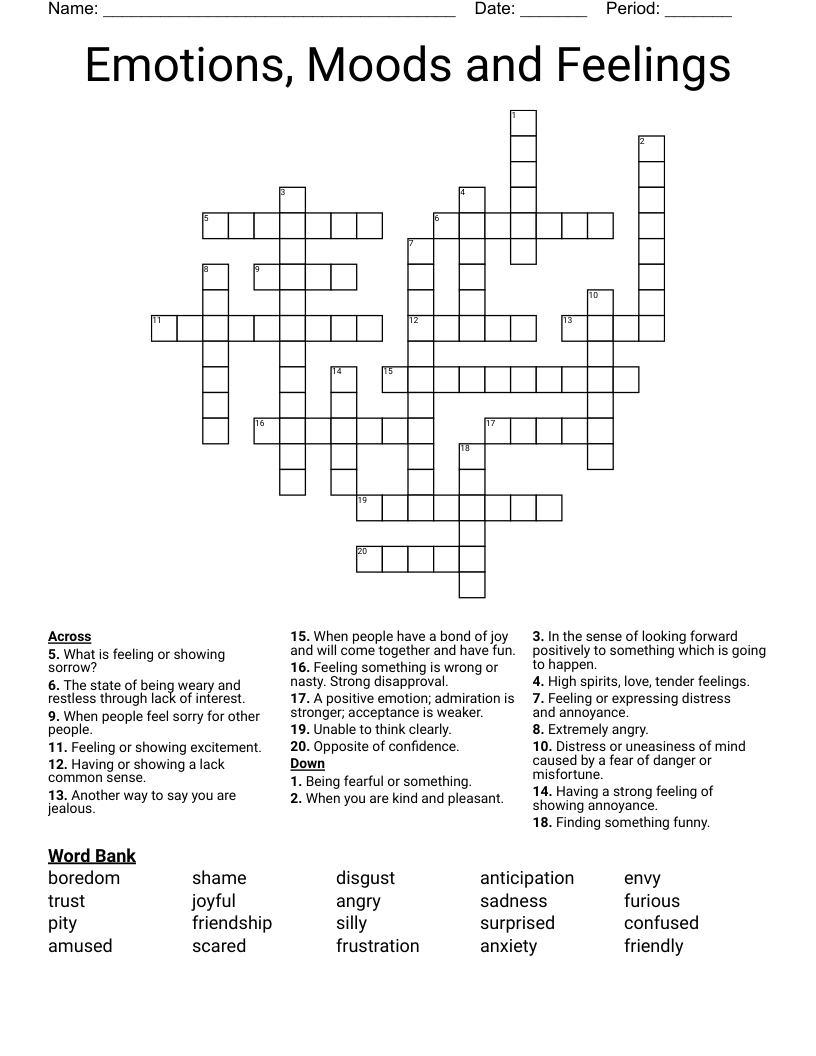 Emotions, Moods and Feelings Crossword