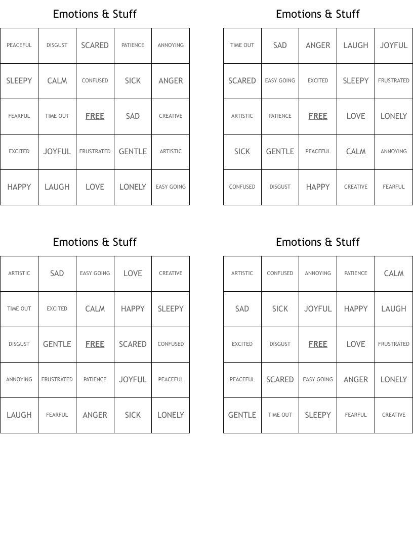 Emotions & Stuff Bingo Cards