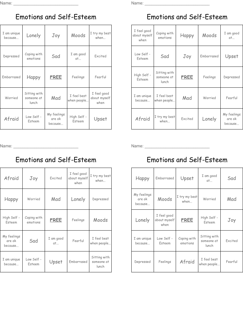 Emotions and Self-Esteem Bingo Cards