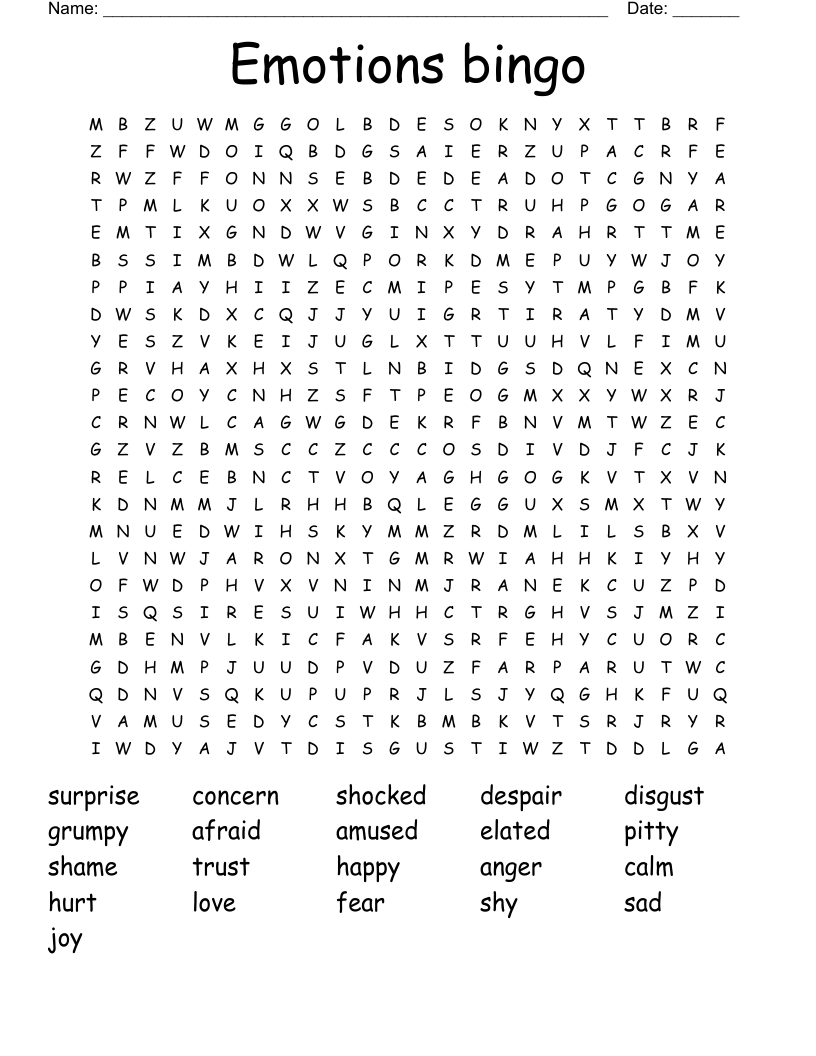 Emotions bingo Word Search