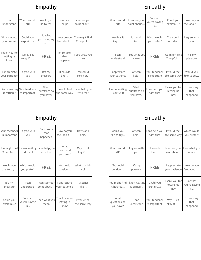 Empathy Bingo Cards