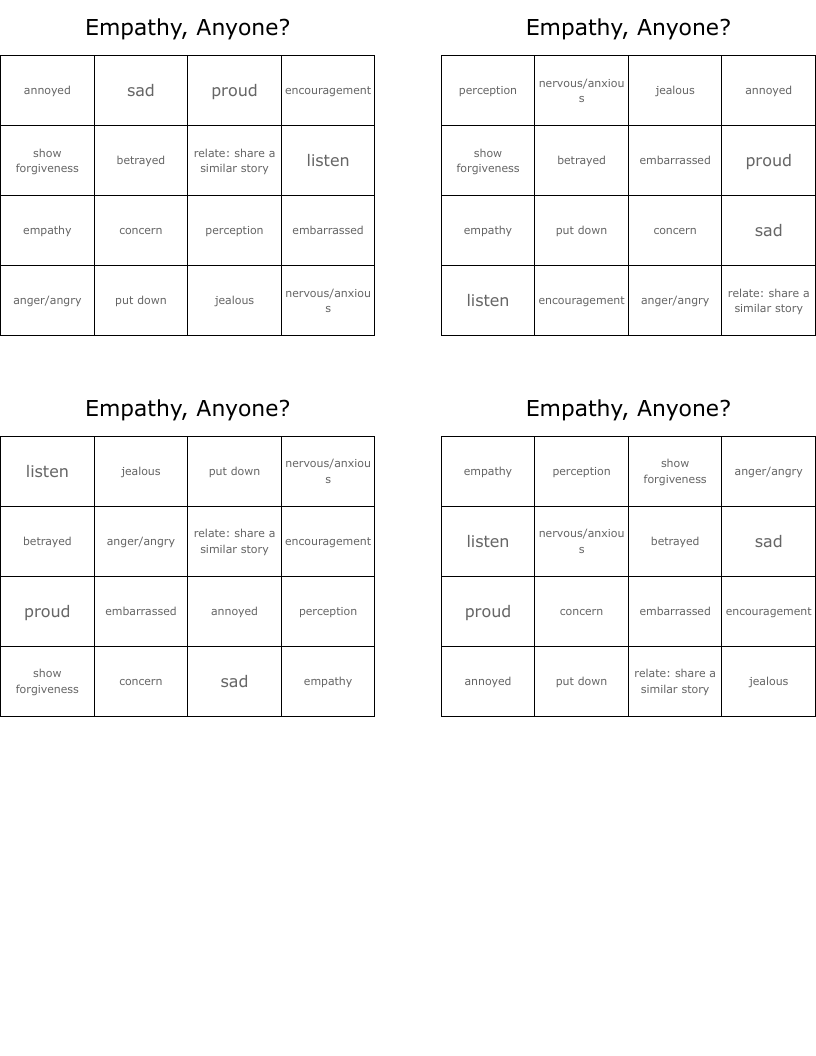 Empathy, Anyone? Bingo Cards