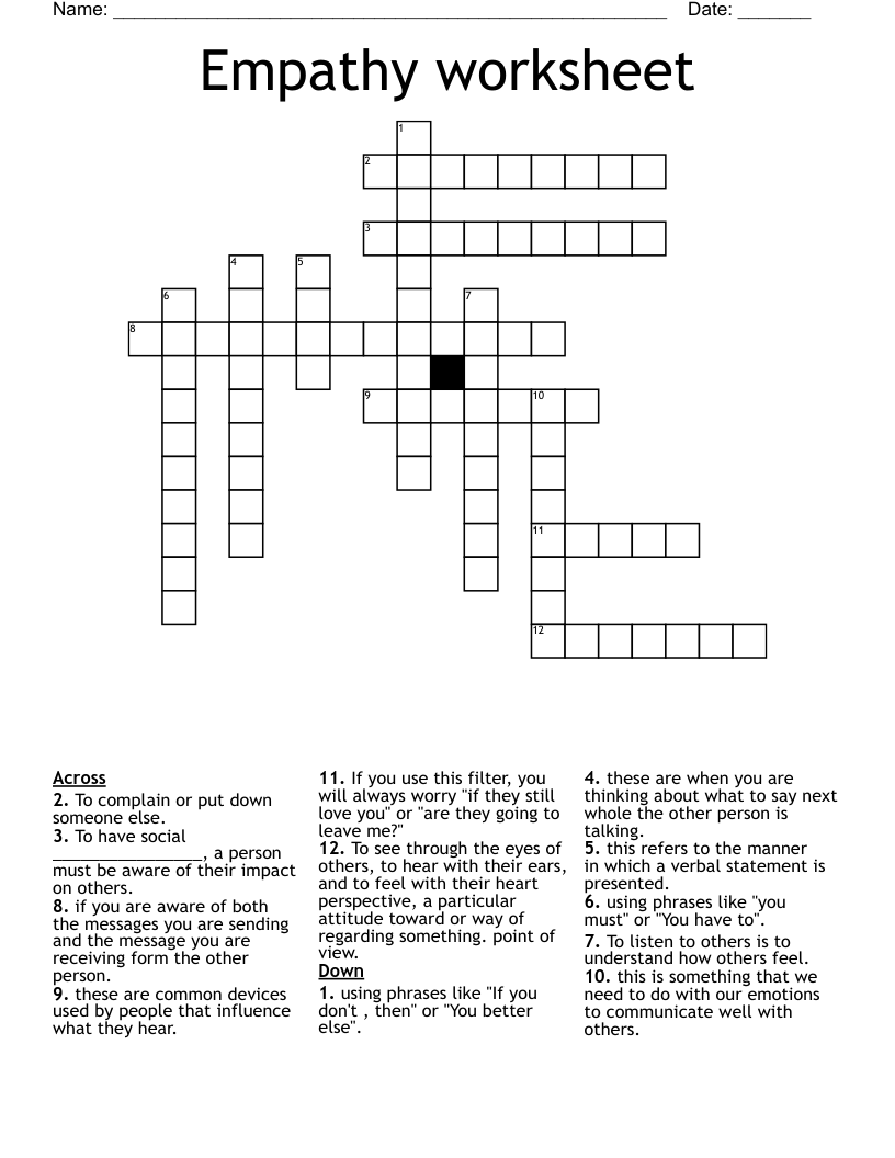 Empathy worksheet Crossword