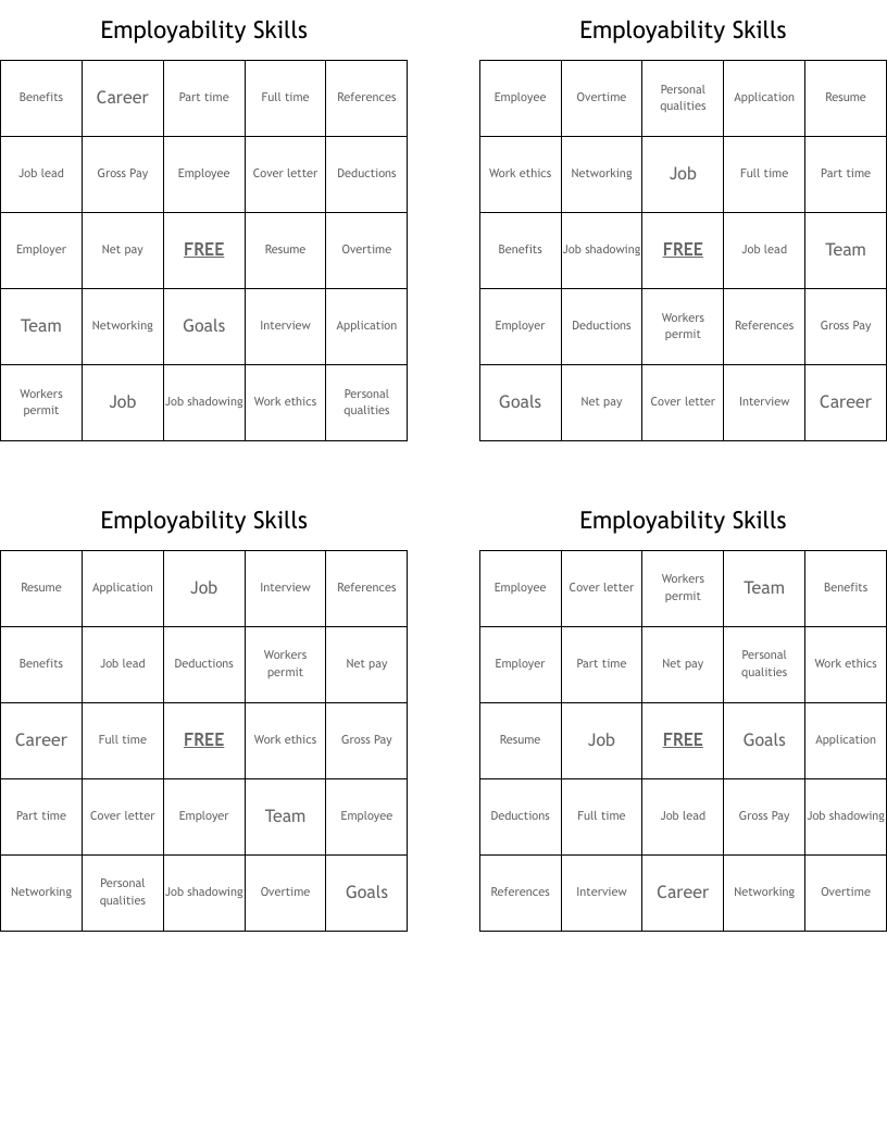 Employability Skills  Bingo Cards