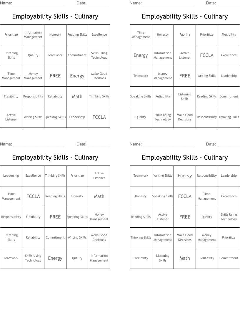 Employability Skills - Culinary Bingo Cards