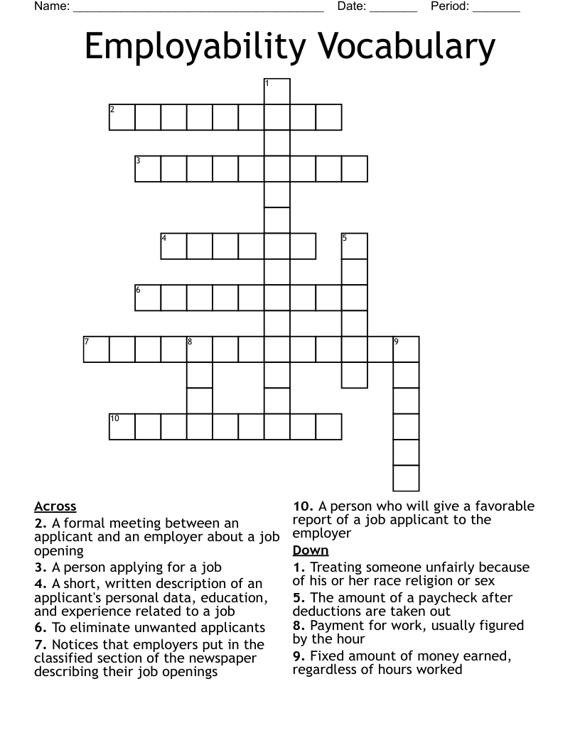 Employability Vocabulary  Crossword