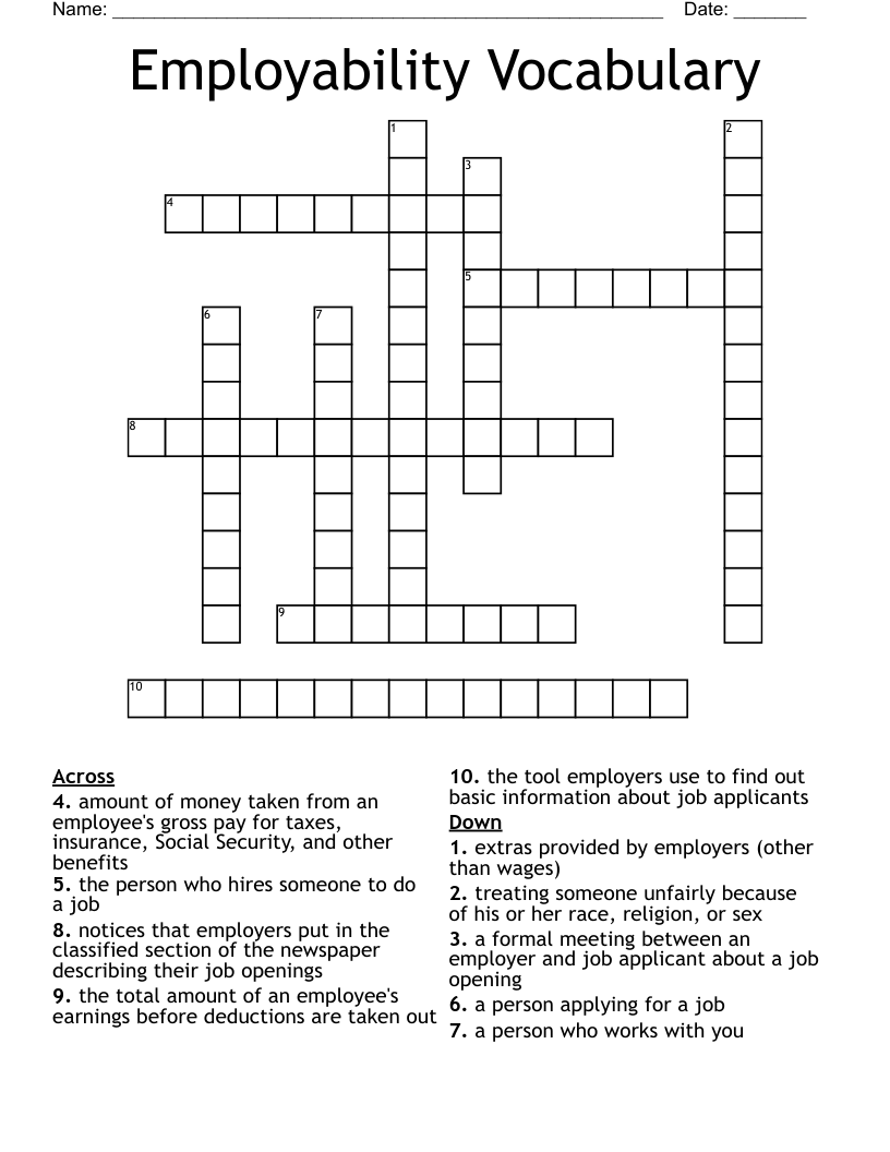 Employability  Vocabulary Crossword