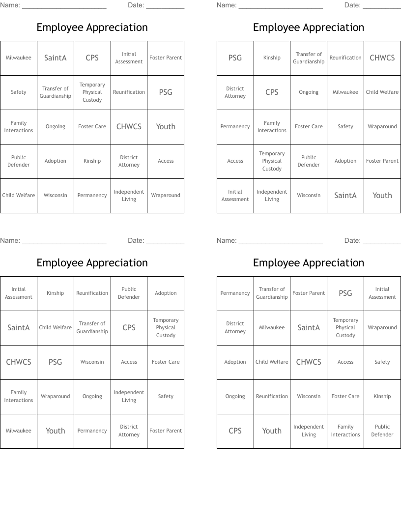 Employee Appreciation  Bingo Cards