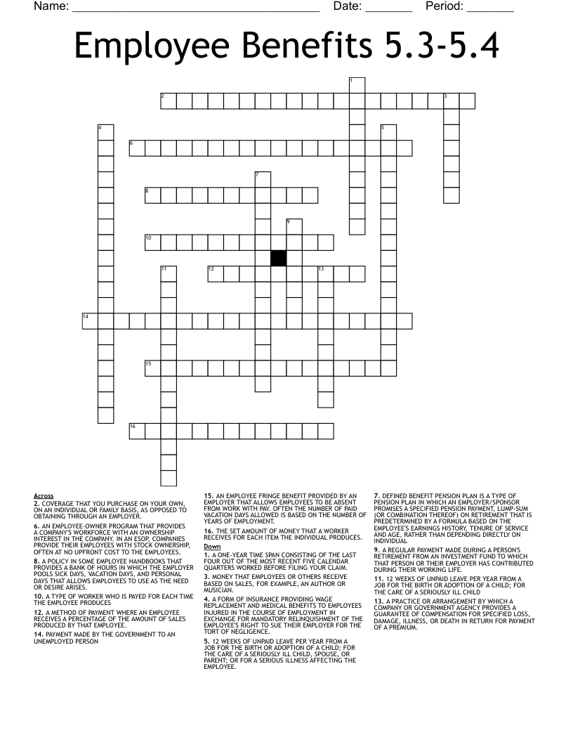 Employee Benefits 5.3-5.4 Crossword