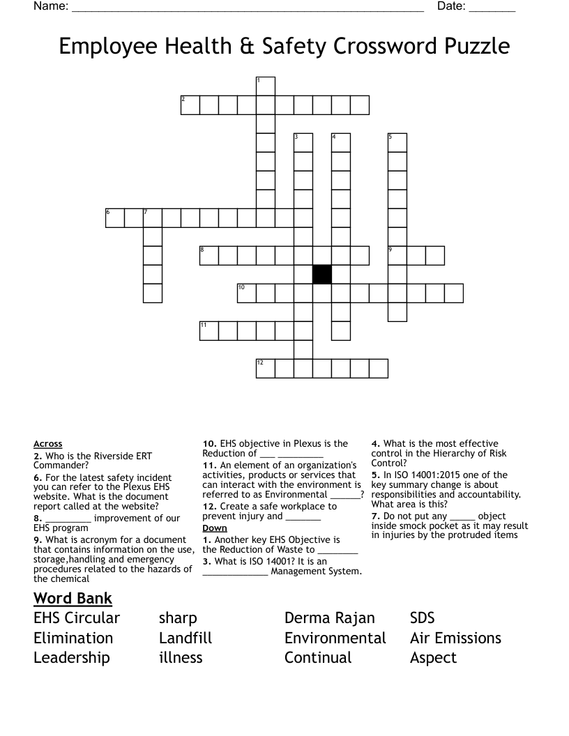 Employee Health & Safety Crossword Puzzle