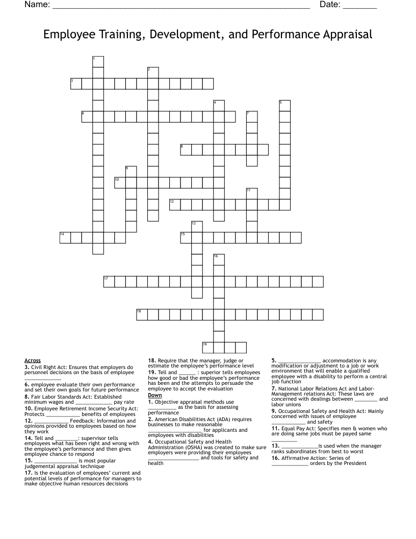 Employee Training, Development, and Performance Appraisal Crossword