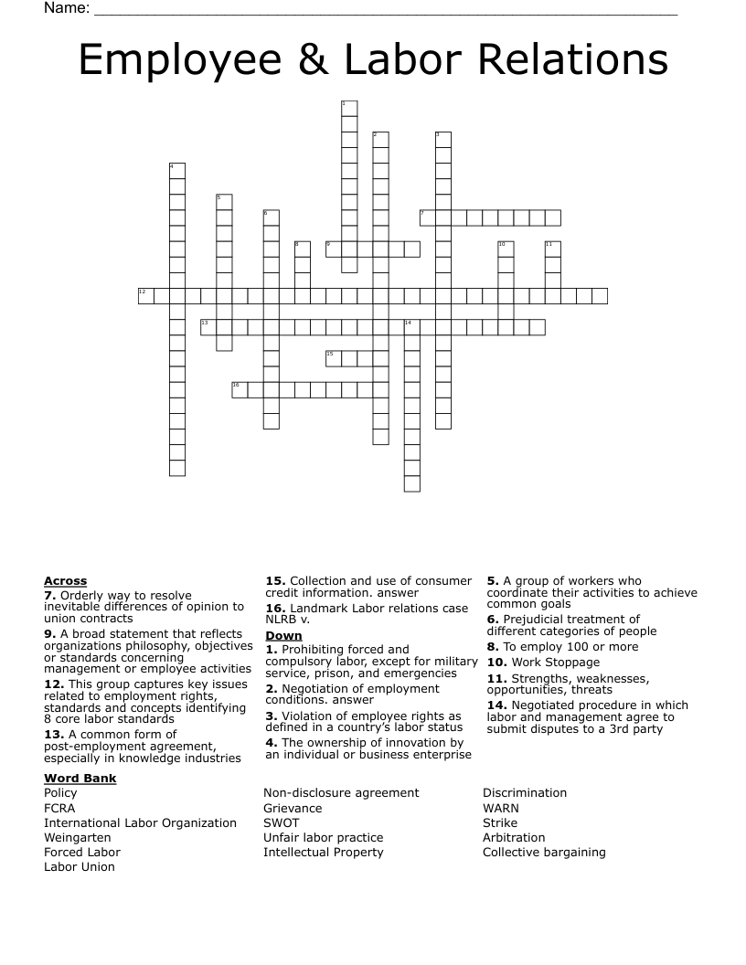 Employee & Labor Relations Crossword