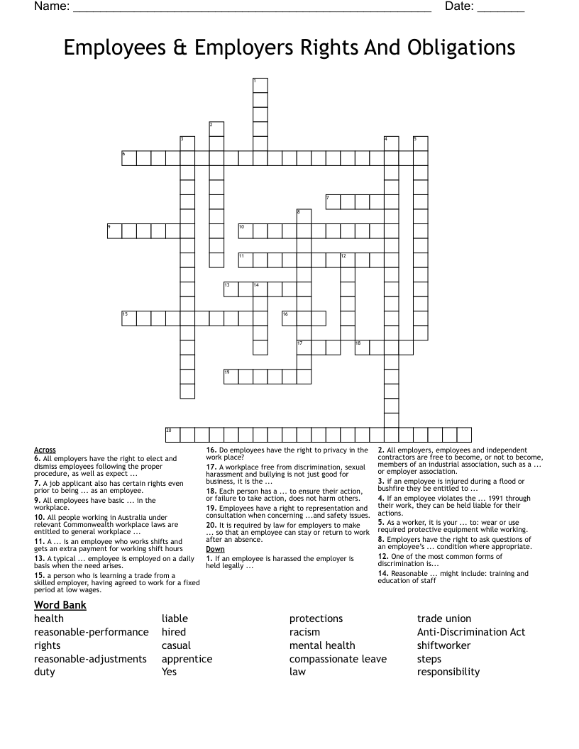 Employees & Employers Rights And Obligations  Crossword
