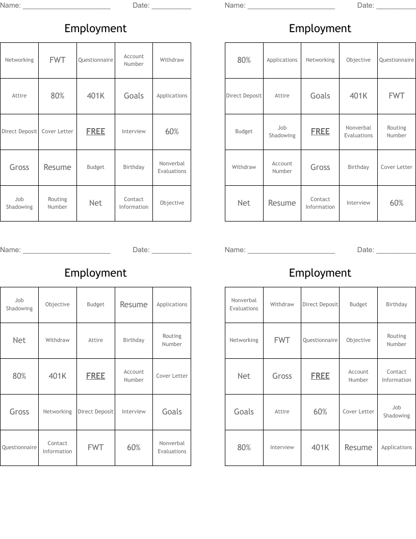 Employment Bingo Cards