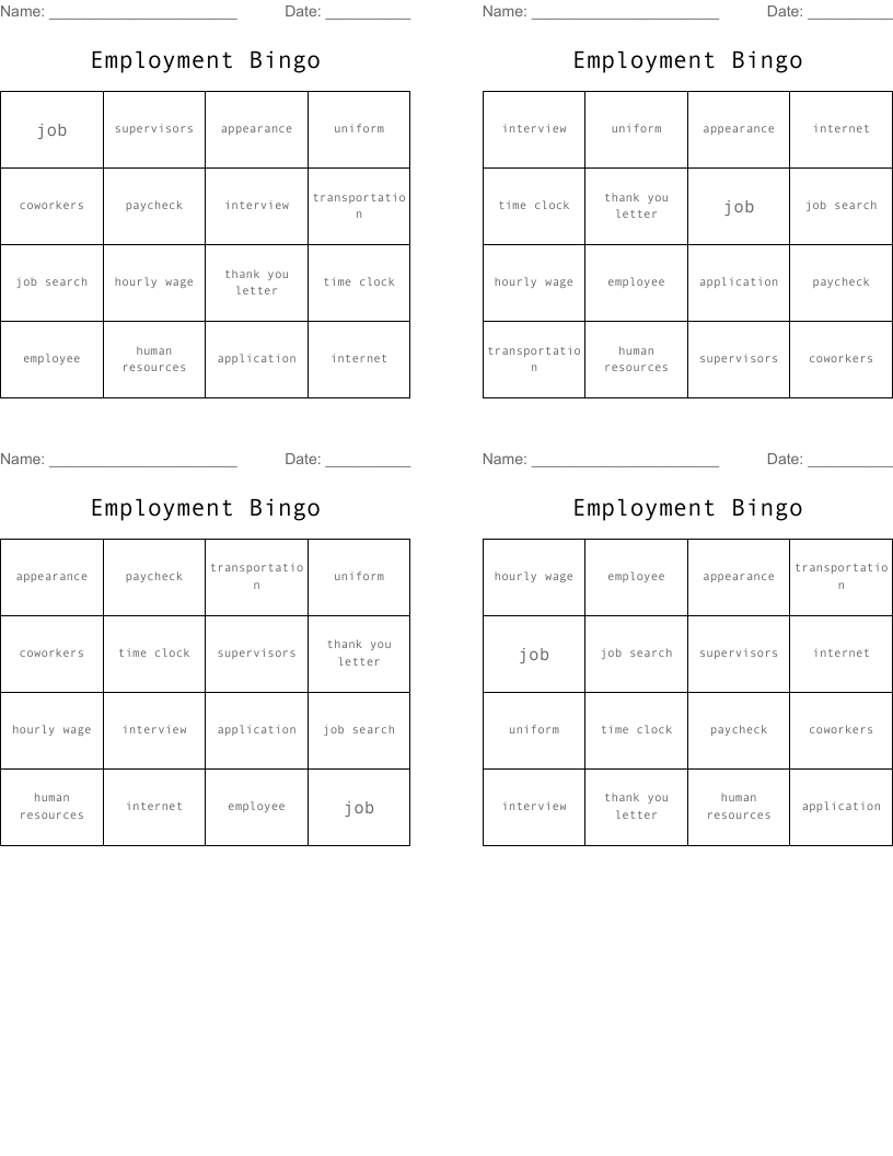 Employment Bingo