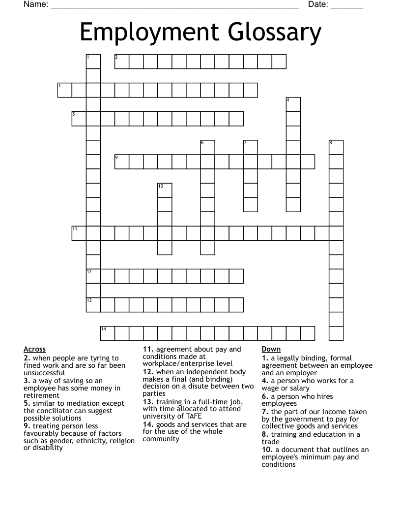 Employment Glossary  Crossword
