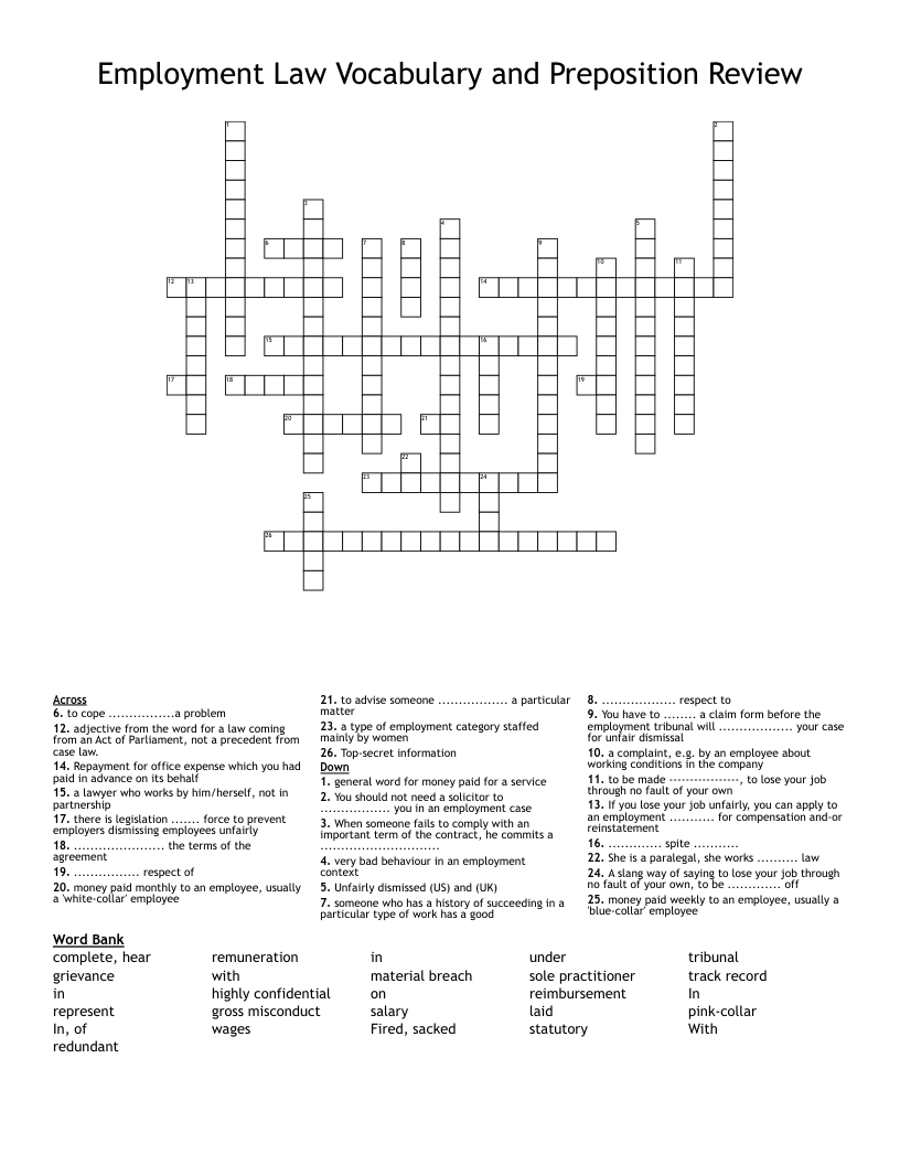 Employment Law Vocabulary and Preposition Review  Crossword