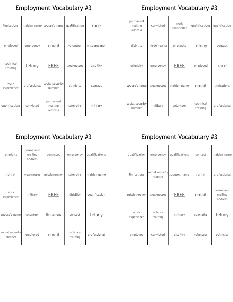 Employment Vocabulary #3 Bingo Cards