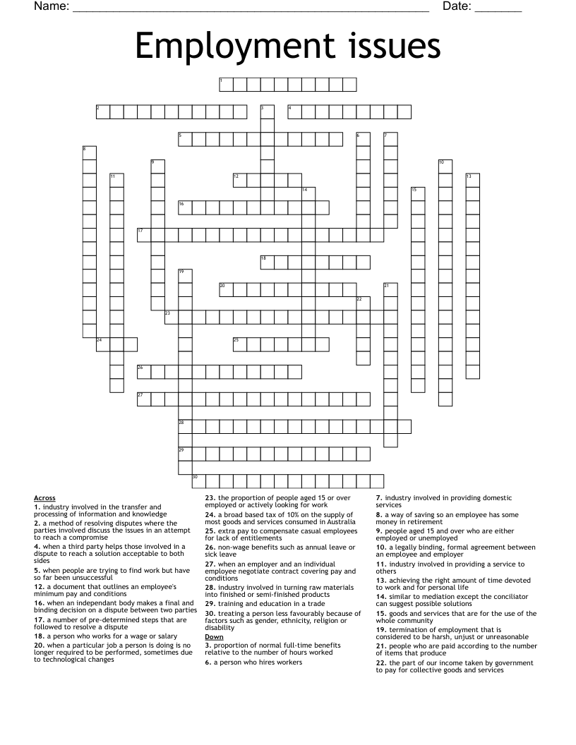 Employment issues Crossword