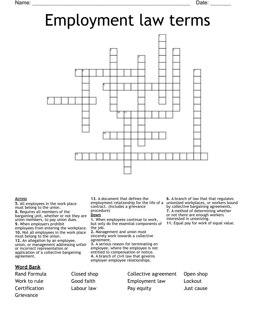 Employment law terms Crossword