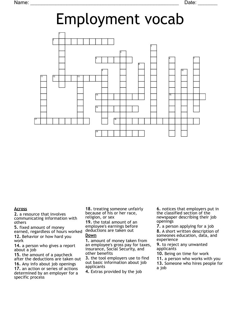 Employment vocab Crossword