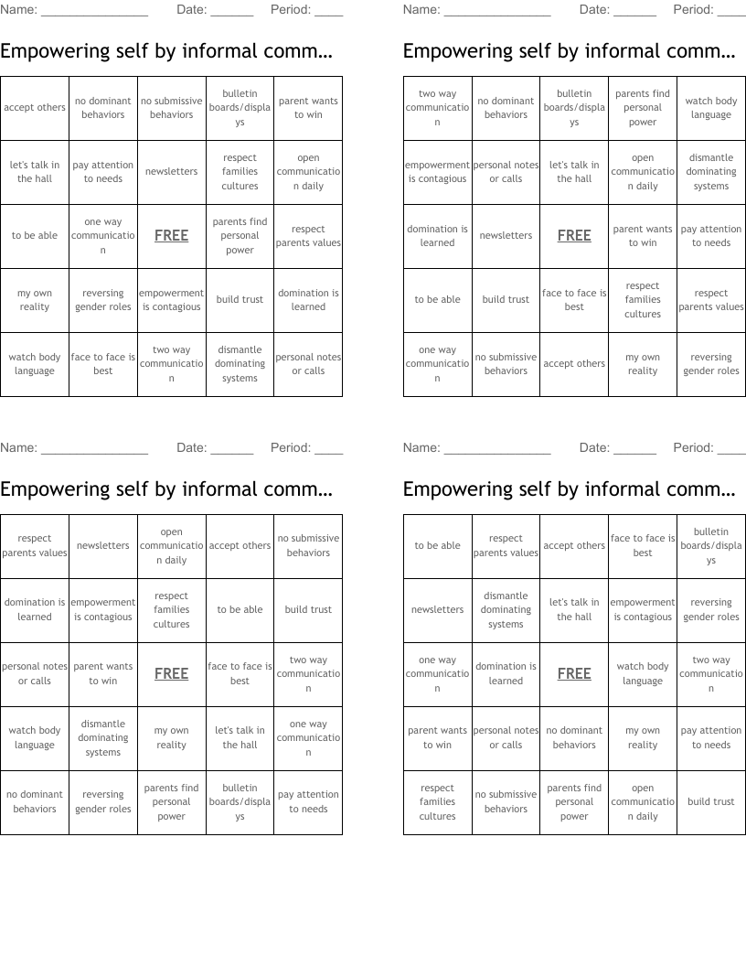 Empowering self by informal communication Bingo Cards