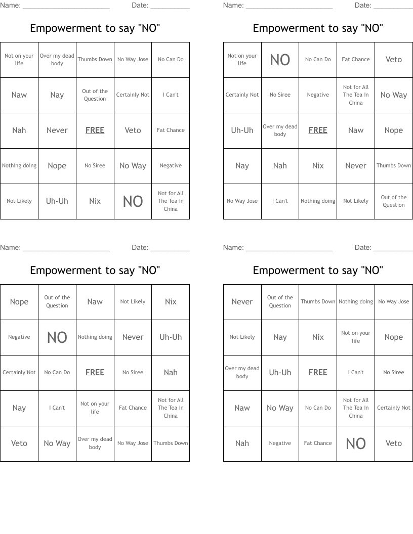 Empowerment to say "NO" Bingo Cards