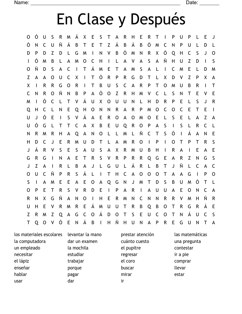 En Clase y Después Word Search