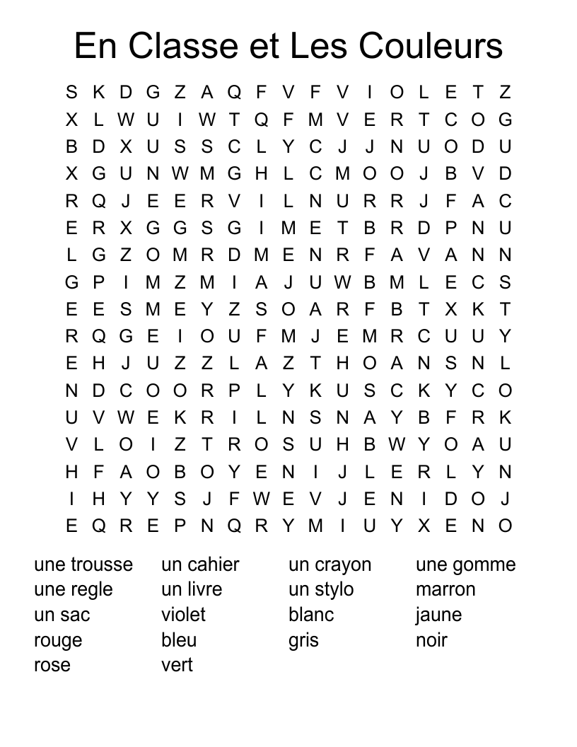 En Classe et Les Couleurs Word Search