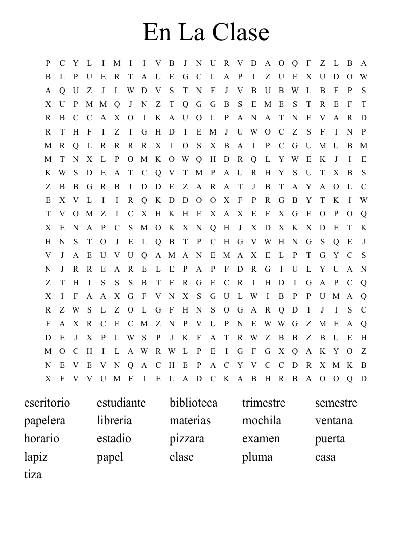 En La Clase Word Search