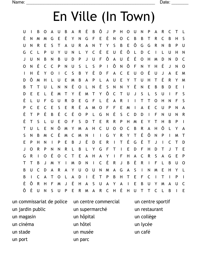 En Ville (In Town) Word Search