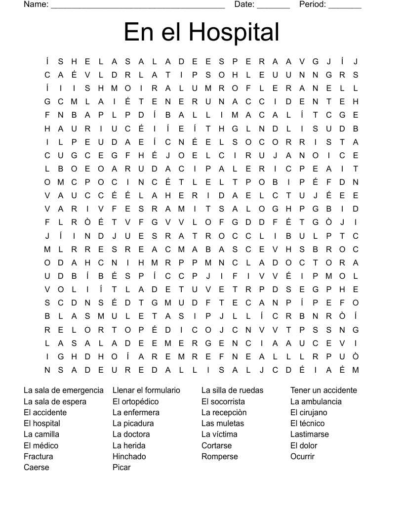 En el Hospital Word Search