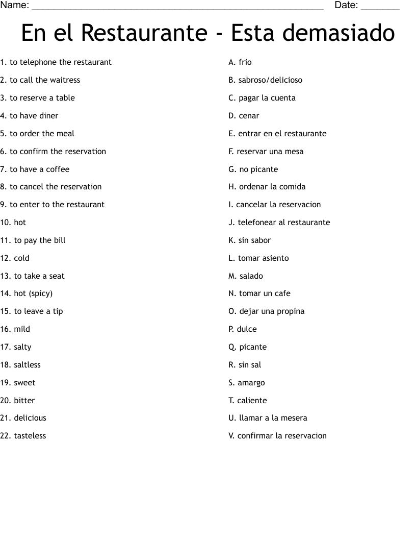 En el Restaurante - Esta demasiado Worksheet