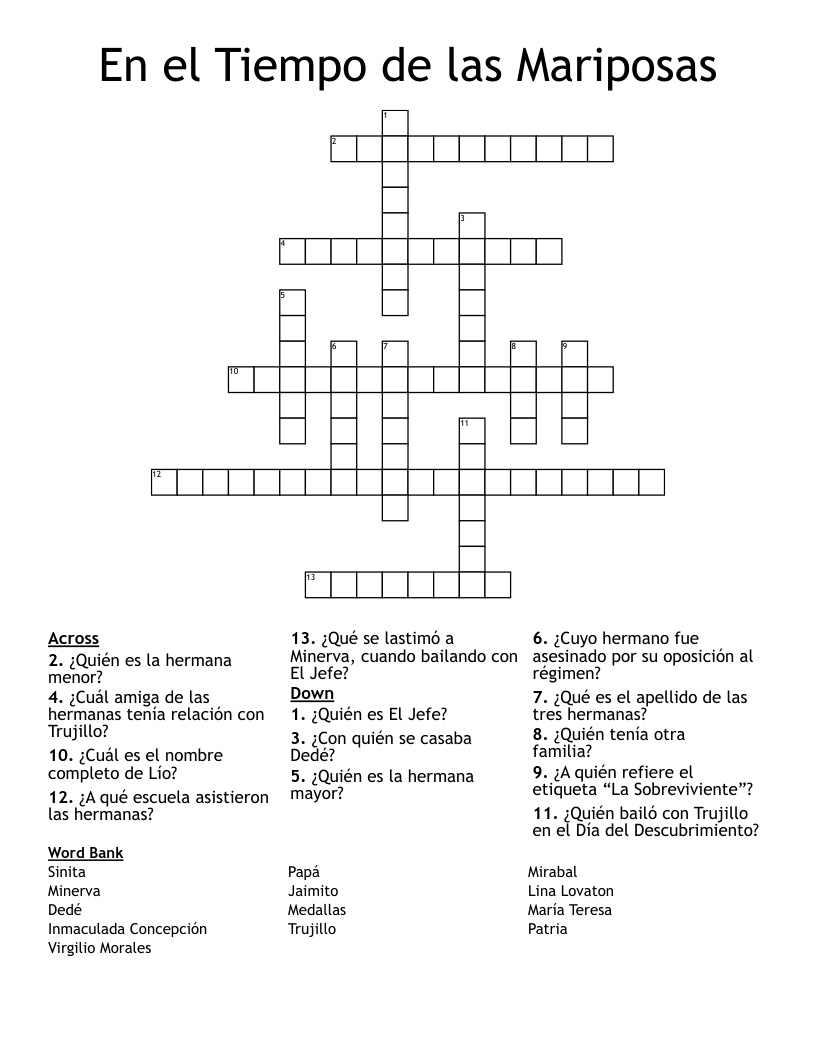 En el Tiempo de las Mariposas   Crossword