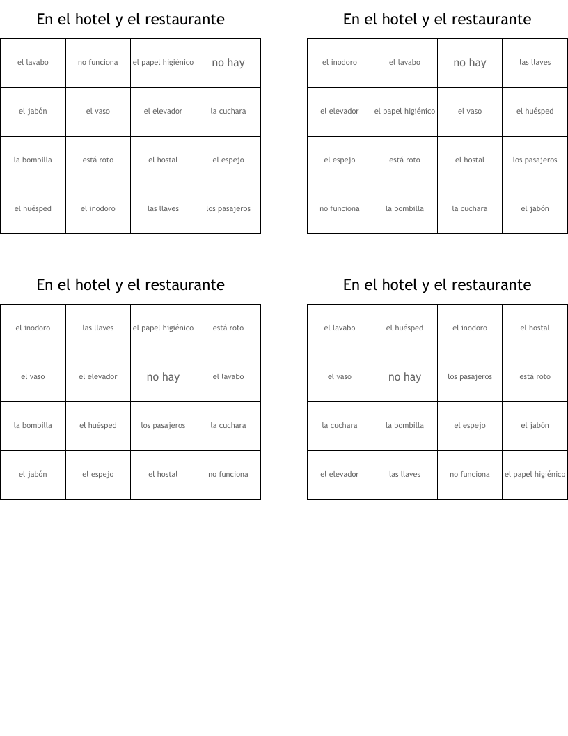 En el hotel y el restaurante Bingo Cards