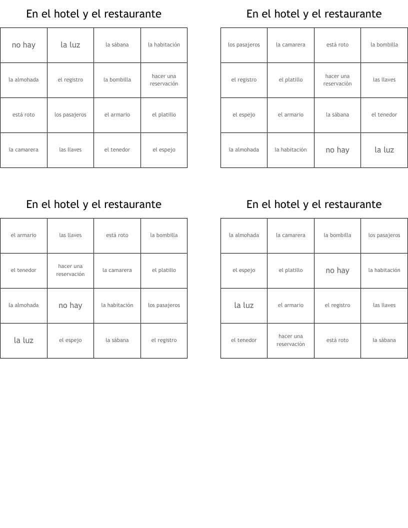 En el hotel y el restaurante Bingo Cards