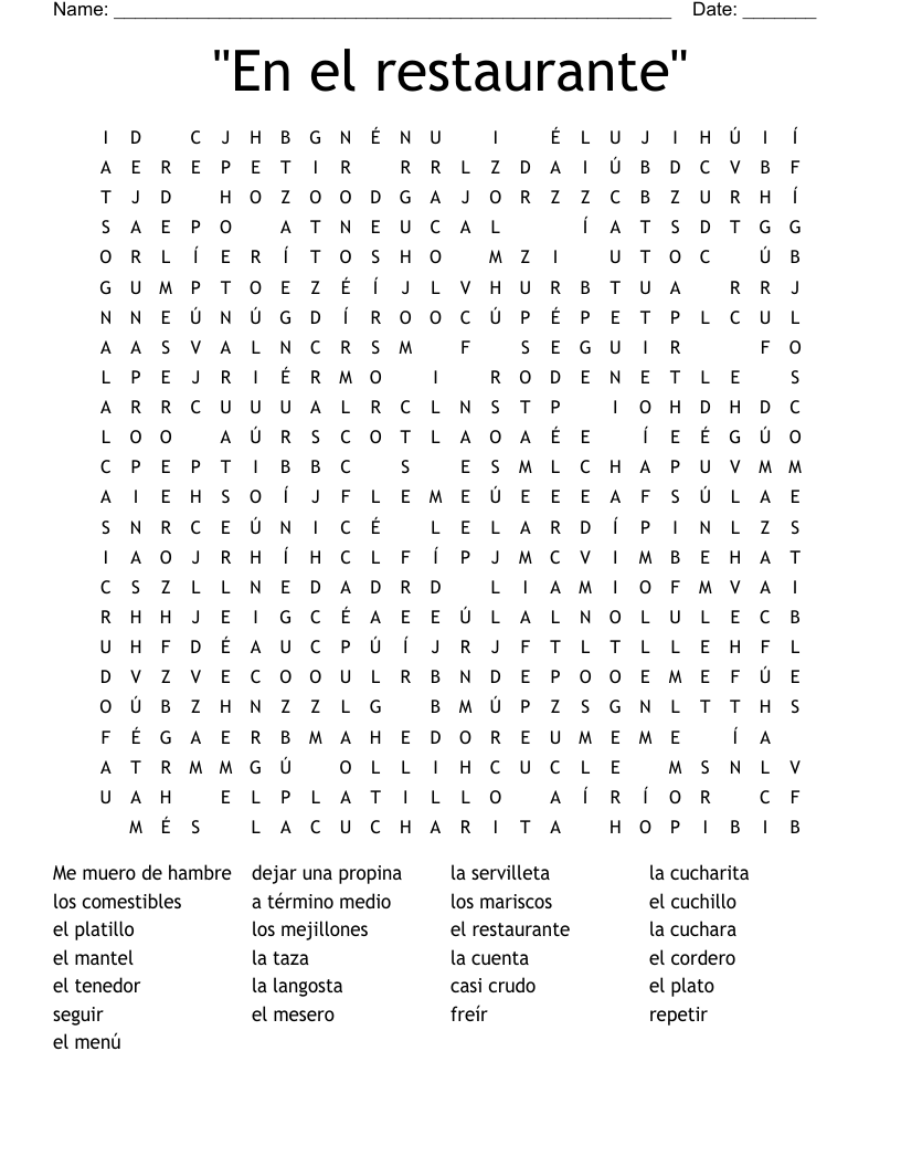 "En el restaurante" Word Search