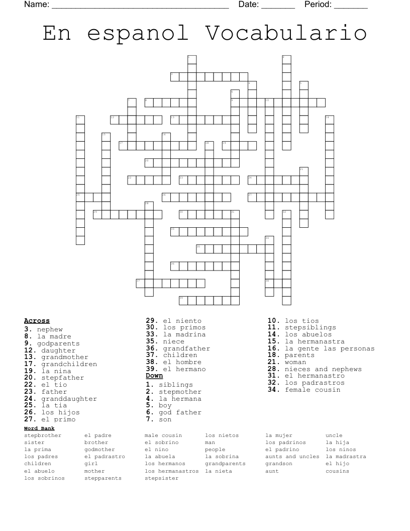 En espanol Vocabulario Crossword