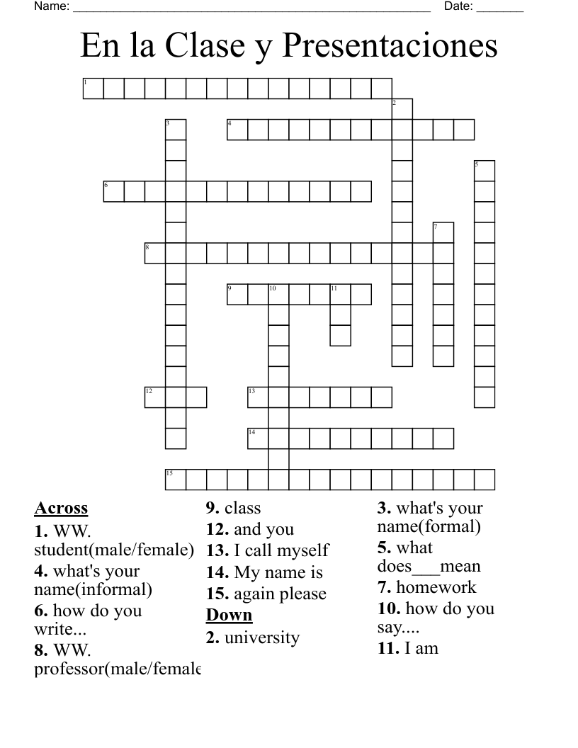 En la Clase y Presentaciones Crossword