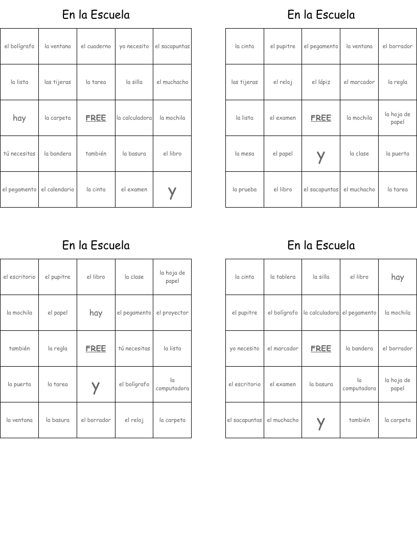 En la Escuela Bingo Cards