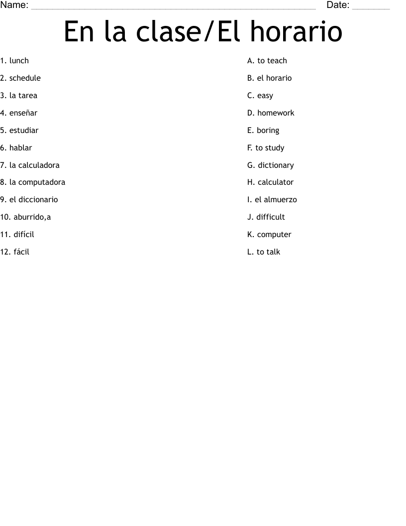 En la clase/El horario Worksheet