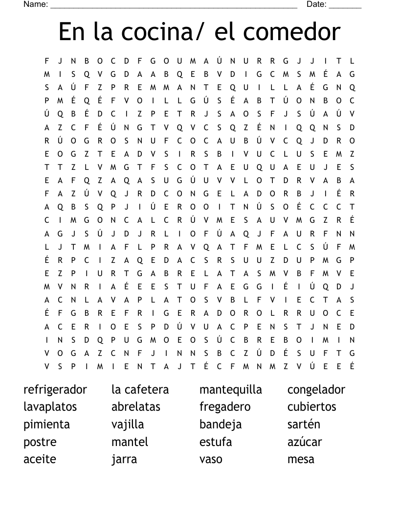 En la cocina/ el comedor Word Search