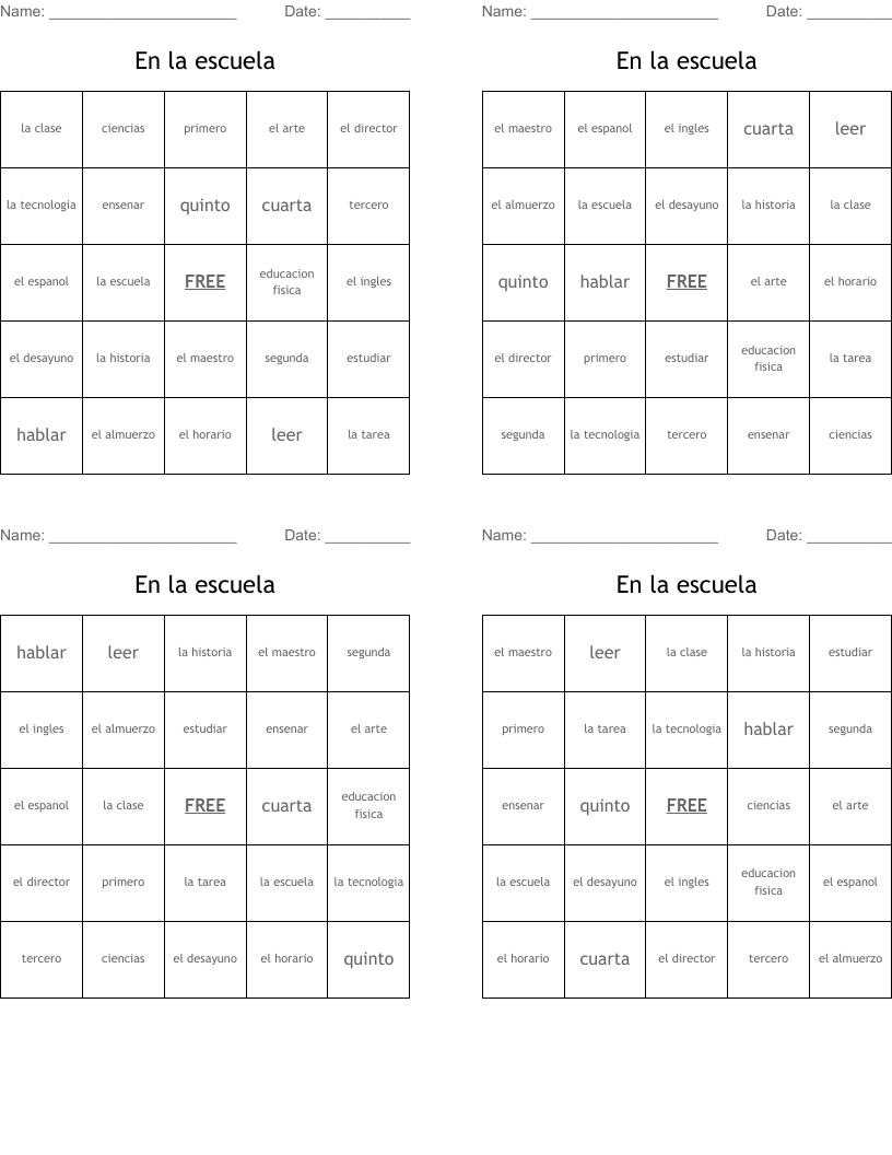 En la escuela Bingo Cards